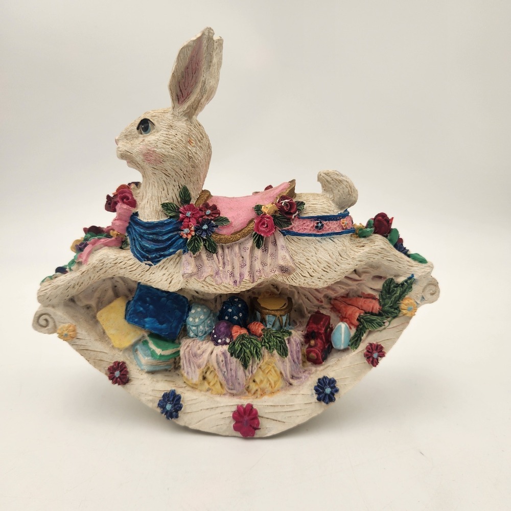 Vintage Style Rocking Easter Bunny Rabbit Figurine Floral Resin Spring Decor - Picture 5 of 7